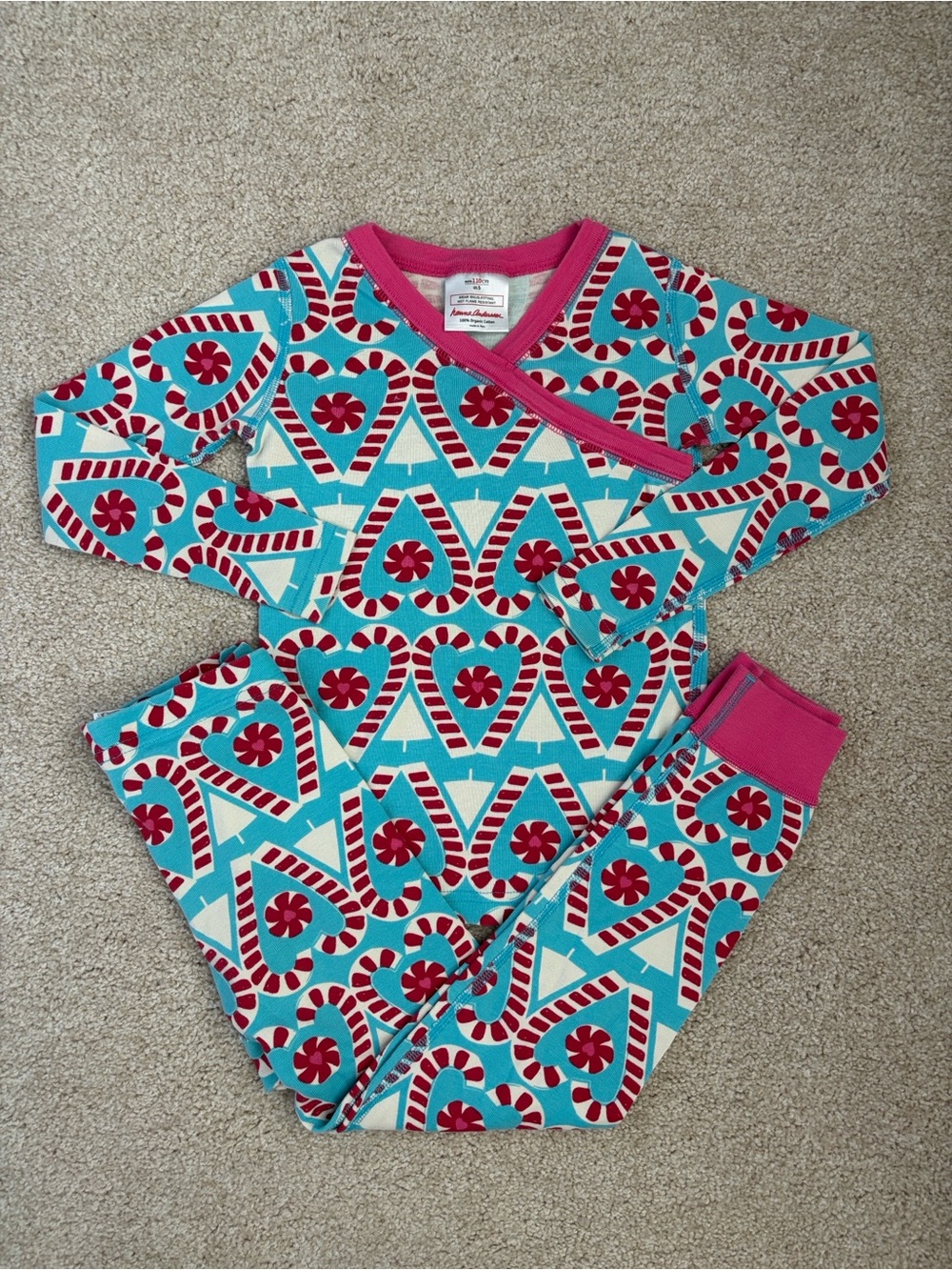 Hanna Andersson Candy Cane Heart crossover long john organic cotton pjs size 110